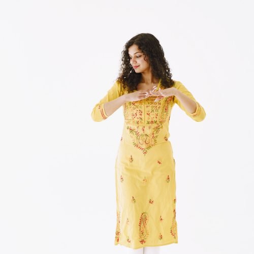Young attractive Indian woman in traditional dress. Woman dancing against white background.